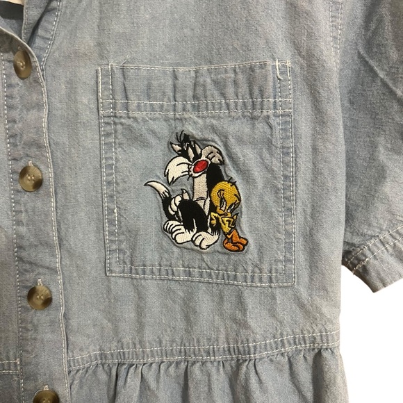 Vintage Denim Maxi Dress with Looney Tunes Tweety Bird and Sylvester Embroidery - Picture 4 of 9